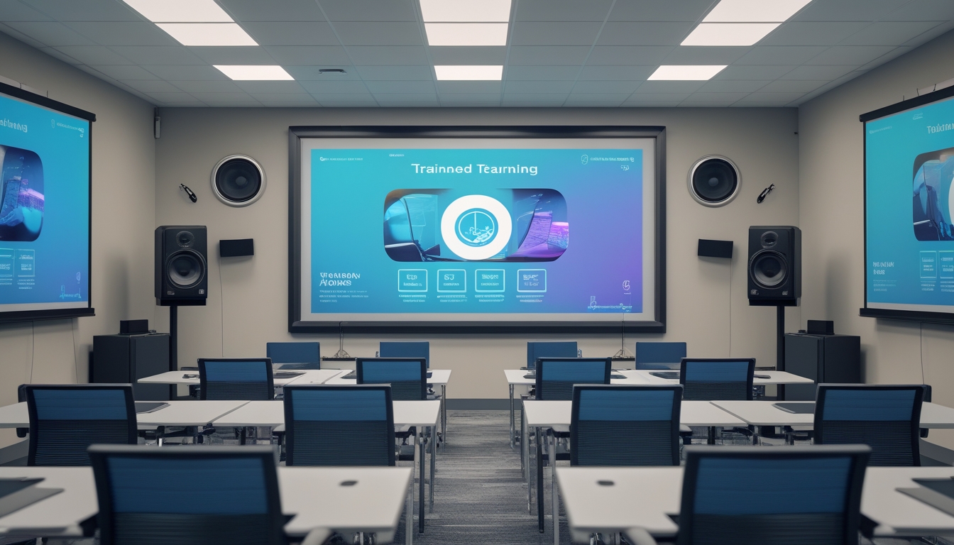 Ruang pelatihan modern dengan layar besar dan sistem suara yang canggih, kursi dan meja tertata rapi menghadap layar.