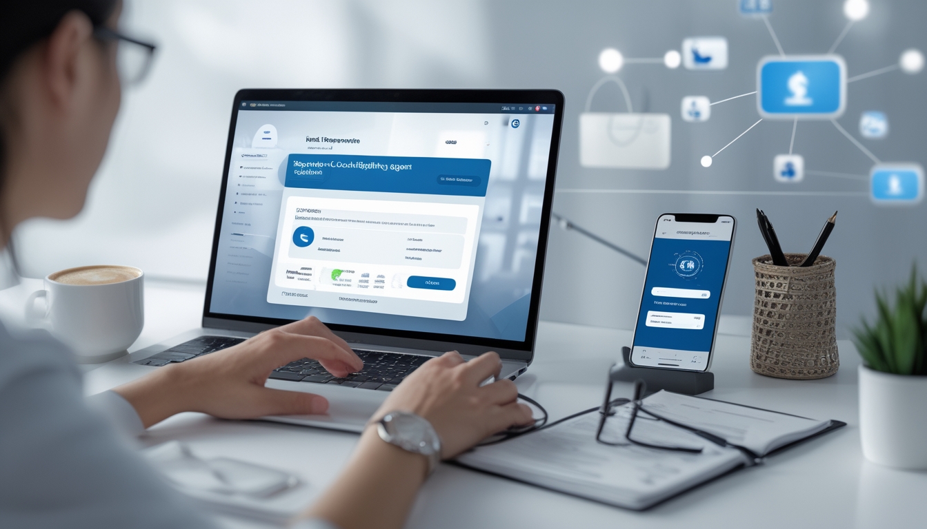Seseorang menggunakan laptop dan ponsel di meja kerja yang rapi untuk melakukan transaksi pembayaran cepat secara online.