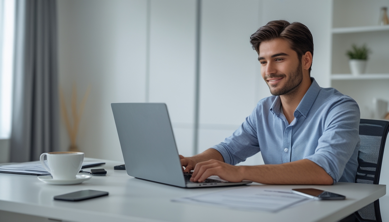 Seorang pria muda duduk di meja kerja dengan laptop, tampak fokus mendaftar sebagai agen online di ruang kerja yang terang dan rapi.