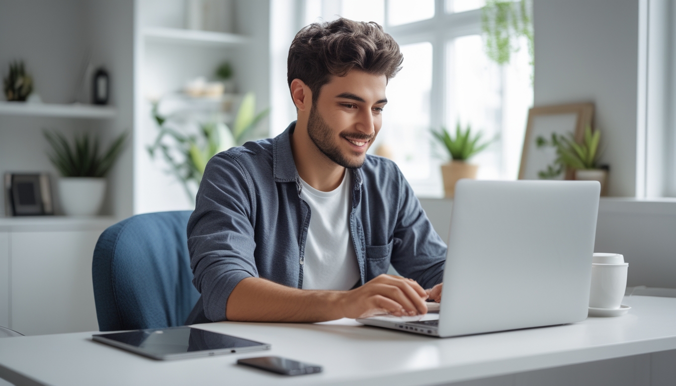 Seorang pria muda duduk di meja dengan laptop di ruang kerja rumah yang terang, sedang fokus menggunakan komputer untuk mendaftar secara online.