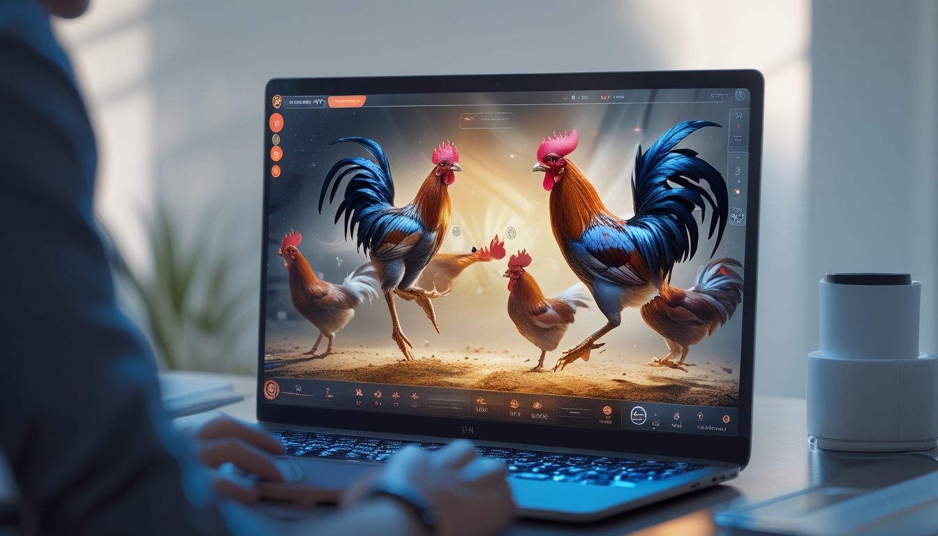 Seorang pengguna berinteraksi dengan komputer yang menampilkan grafik ayam sabung dalam suasana permainan online.