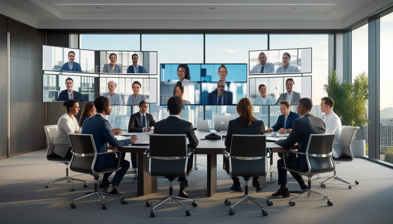 Ruang rapat modern dengan meja besar, kursi kantor, layar video konferensi, dan beberapa orang sedang rapat secara langsung dan jarak jauh.
