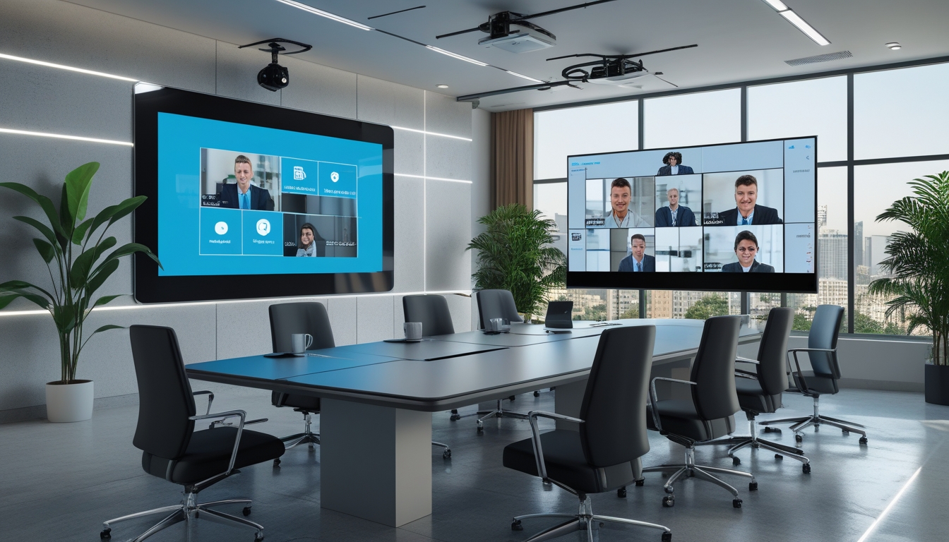 Ruang konferensi video modern dengan meja besar, kursi kantor, layar besar menampilkan rapat video, dan jendela besar dengan pemandangan kota.