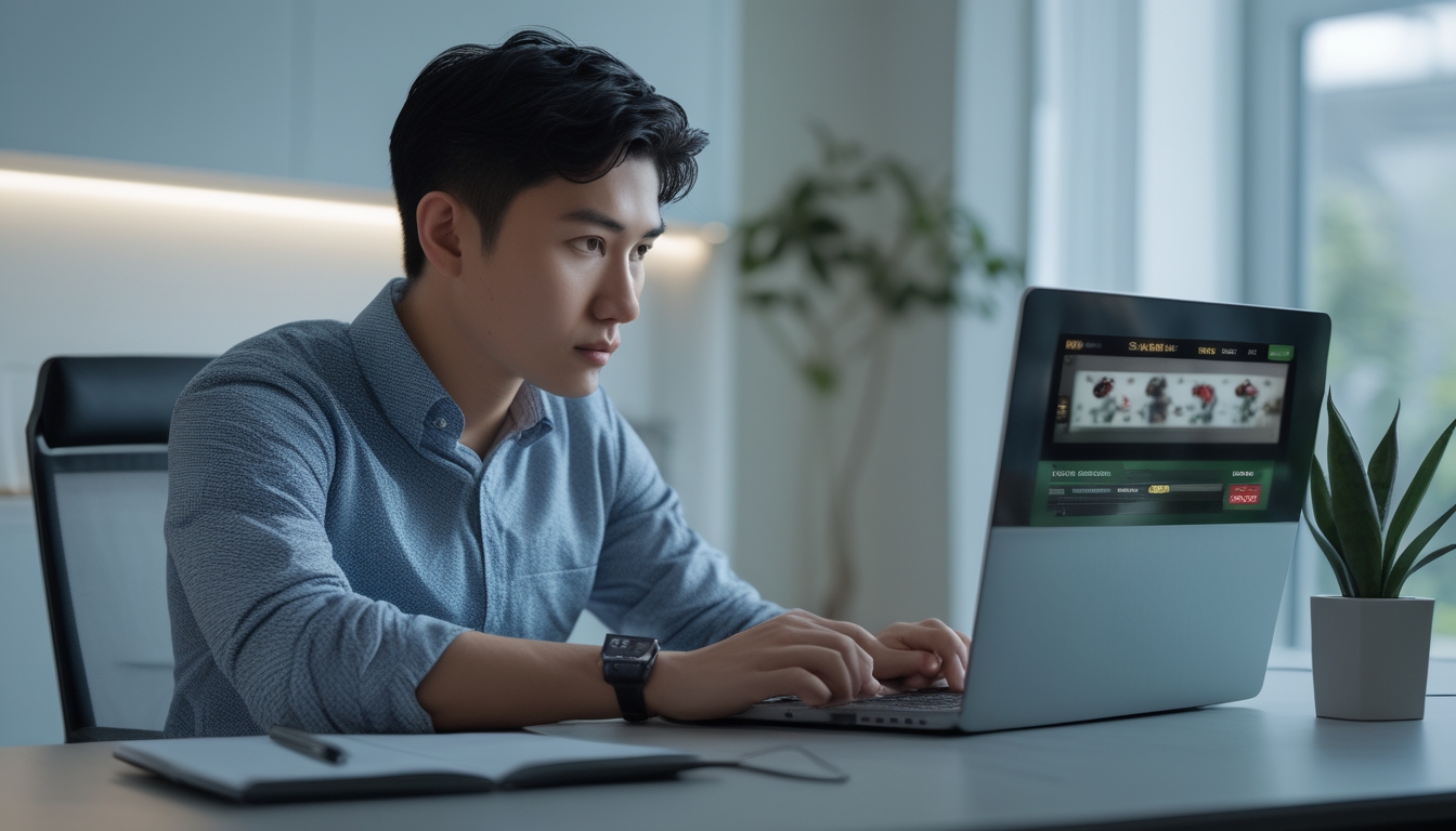 Seorang pria muda duduk di depan laptop di ruang kerja rumah yang terang, tampak fokus dan sedang merencanakan strategi.