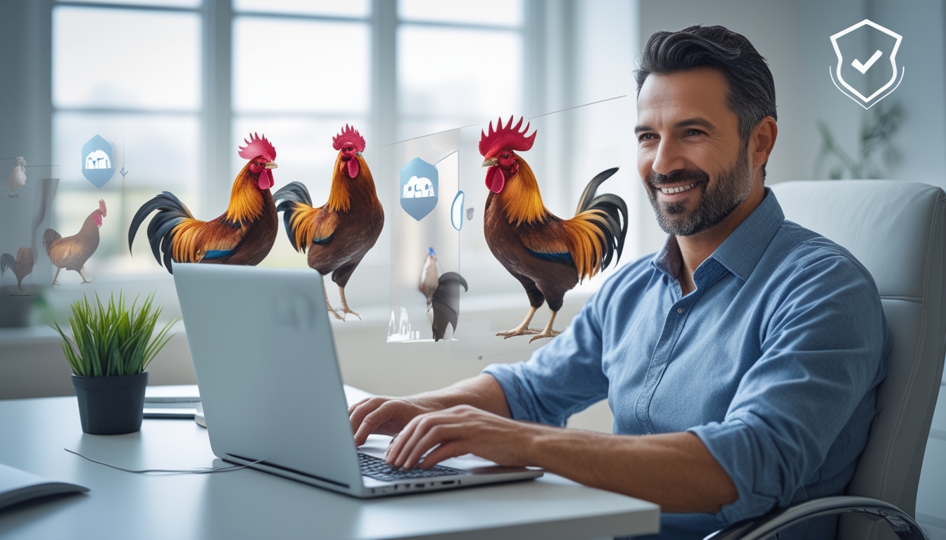 Seorang pria dewasa duduk di meja kerja menggunakan laptop dengan ekspresi fokus dan puas, dikelilingi oleh elemen digital yang menggambarkan permainan dan taruhan online.