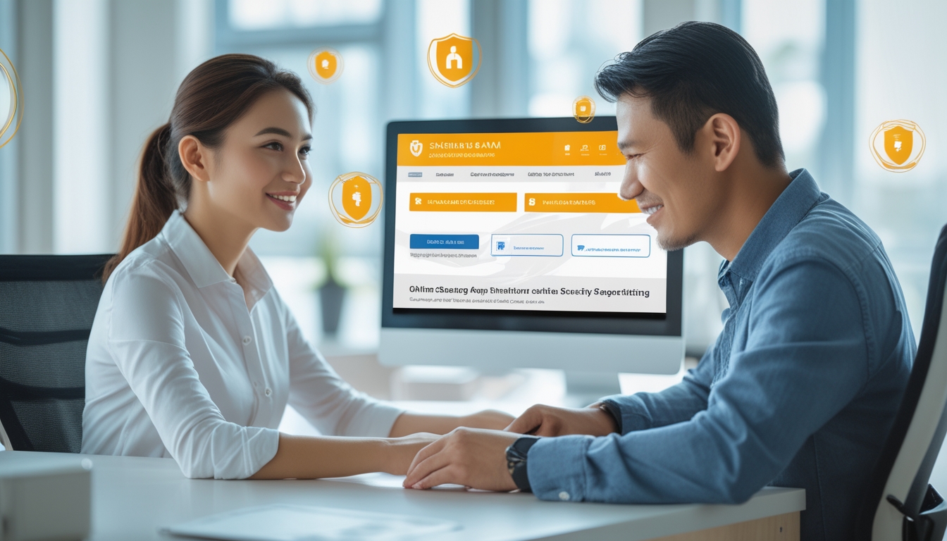 Dua orang dewasa duduk di depan laptop di kantor yang terang, menunjukkan transaksi online yang aman dan terpercaya.