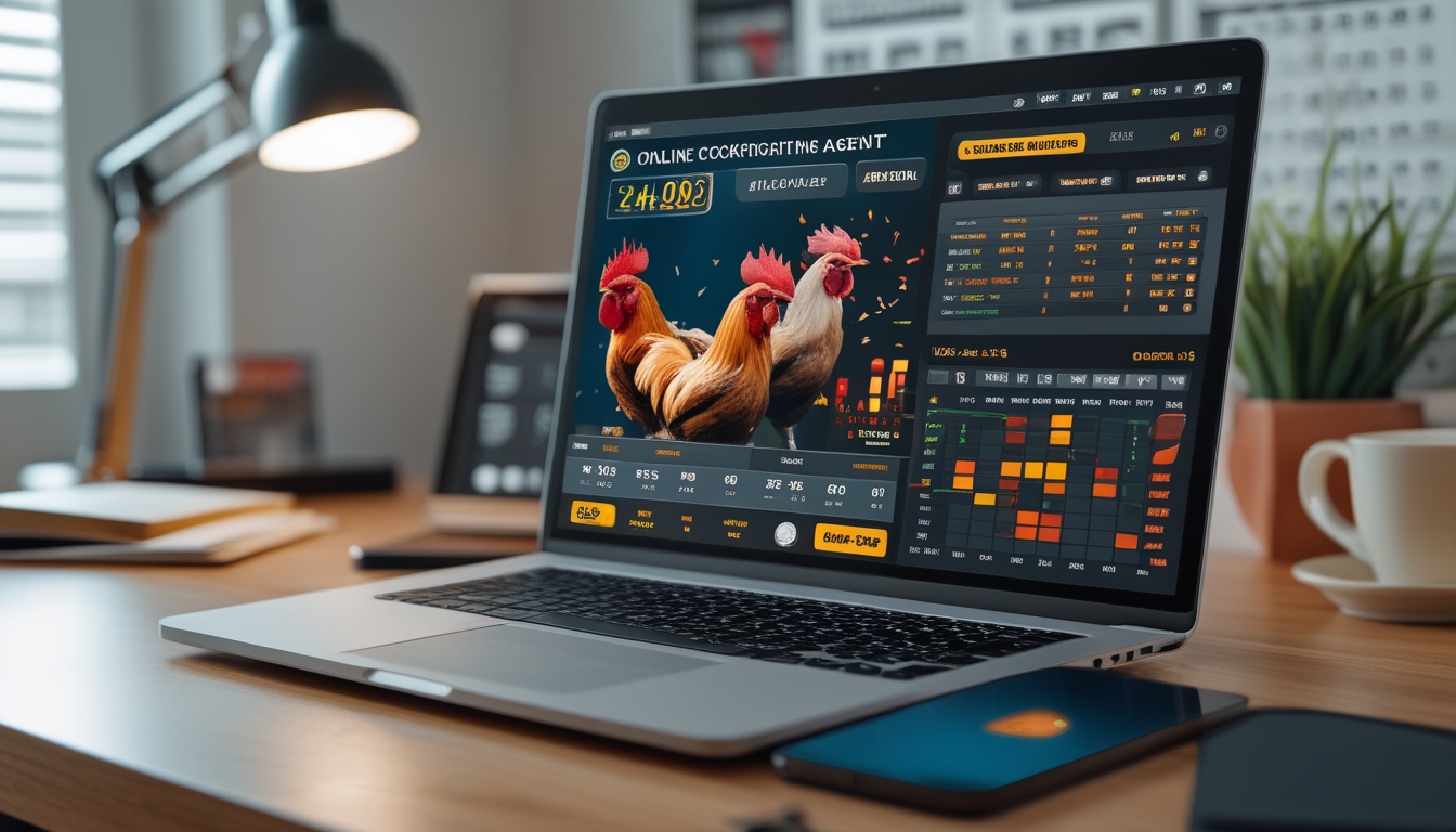 Seorang pria duduk di depan laptop dengan layar menampilkan aplikasi taruhan sabung ayam online, di meja juga terdapat ponsel dengan aplikasi serupa, menunjukkan suasana kerja profesional.