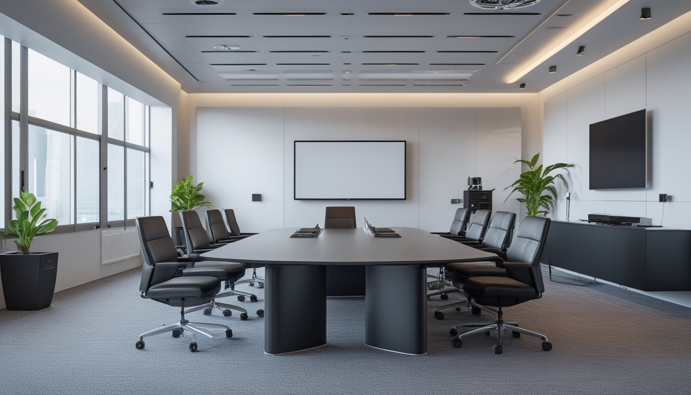 Ruang rapat kantor modern dengan meja konferensi besar, kursi ergonomis, layar besar di dinding, dan pencahayaan alami.