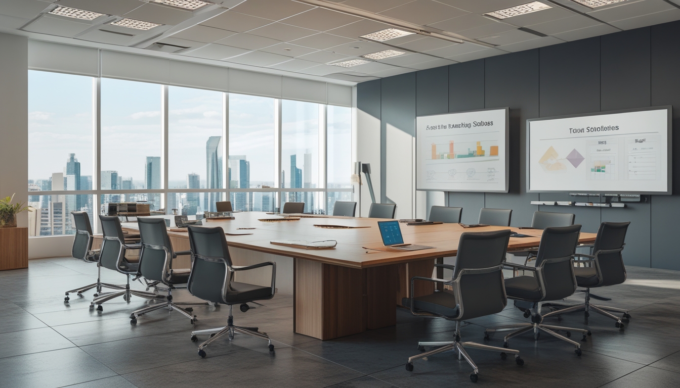Ruang rapat kantor modern dengan meja besar, kursi ergonomis, layar besar, dan jendela besar yang menerangi ruangan.