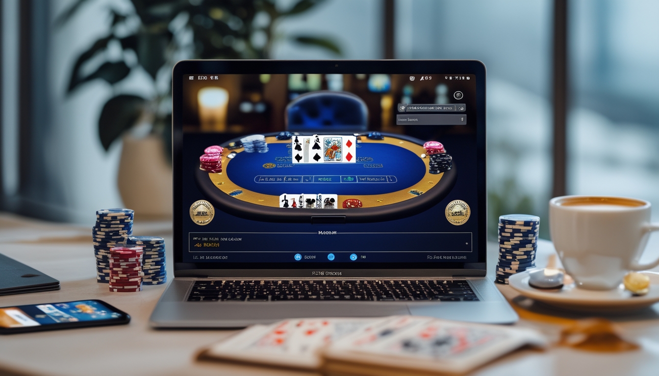 Meja kerja dengan laptop menampilkan permainan poker online, tumpukan chip poker, ponsel dengan aplikasi poker, dan secangkir kopi.
