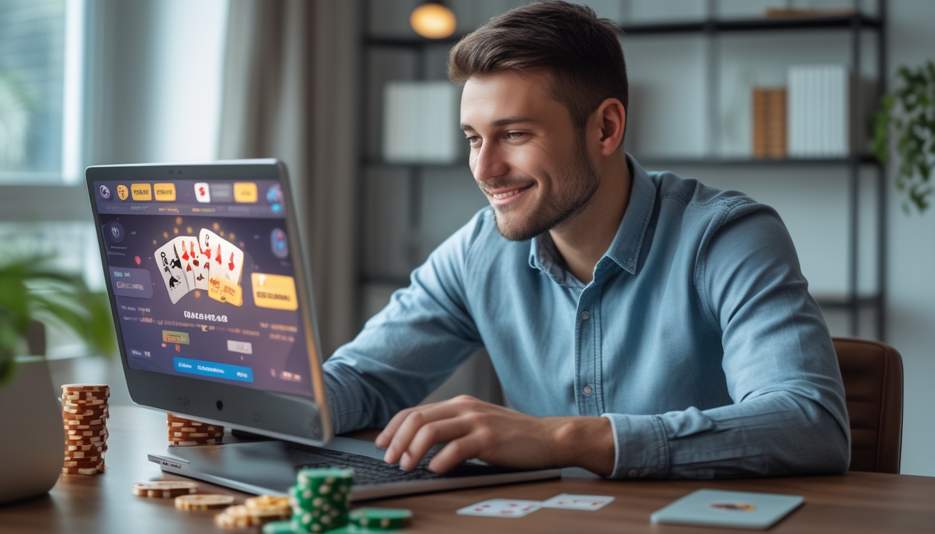 Seorang pria muda duduk di meja dengan laptop yang menampilkan permainan poker online, di sekelilingnya terdapat chip poker dan kartu bermain.