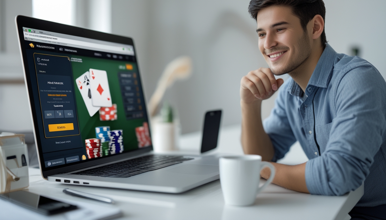 Seorang pemuda duduk di depan laptop dengan tampilan permainan poker dan ponsel yang menunjukkan notifikasi bonus, di meja kerja yang rapi dengan suasana belajar yang fokus.
