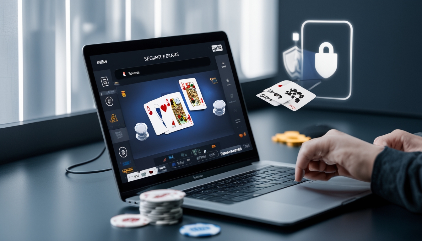 Seseorang bermain poker online di laptop dengan chip dan kartu poker di meja, menunjukkan suasana permainan poker yang aman dan terpercaya.