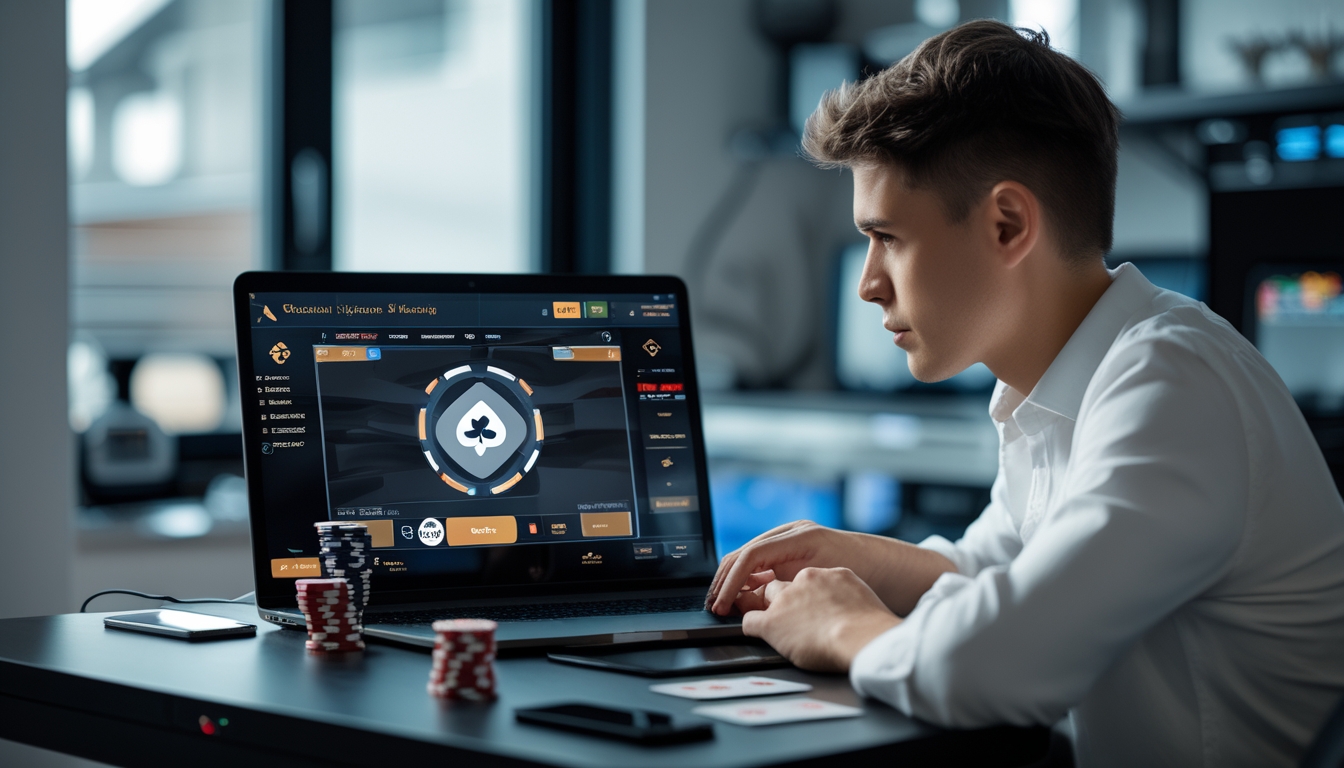Seseorang duduk di depan laptop bermain poker online dengan chip dan kartu di meja, suasana menunjukkan keamanan dan kepercayaan.