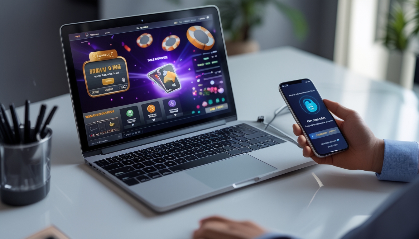 Seorang pria duduk di depan laptop dan ponsel yang menampilkan permainan poker online dengan chip dan kartu, di ruang kerja yang terang dan rapi.