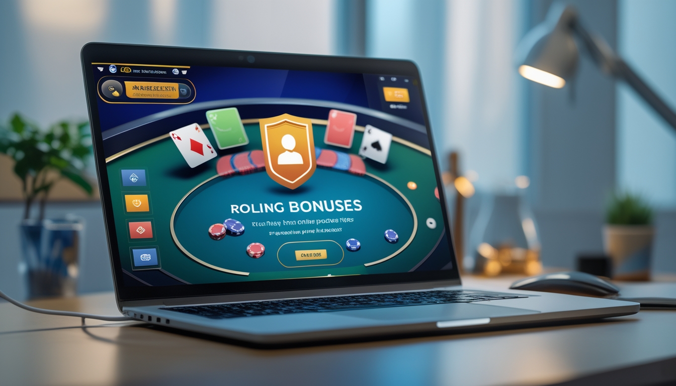 Seorang pemain poker online menggunakan komputer dengan tampilan permainan poker dan chip warna-warni di layar, menunjukkan suasana permainan poker online yang terpercaya.