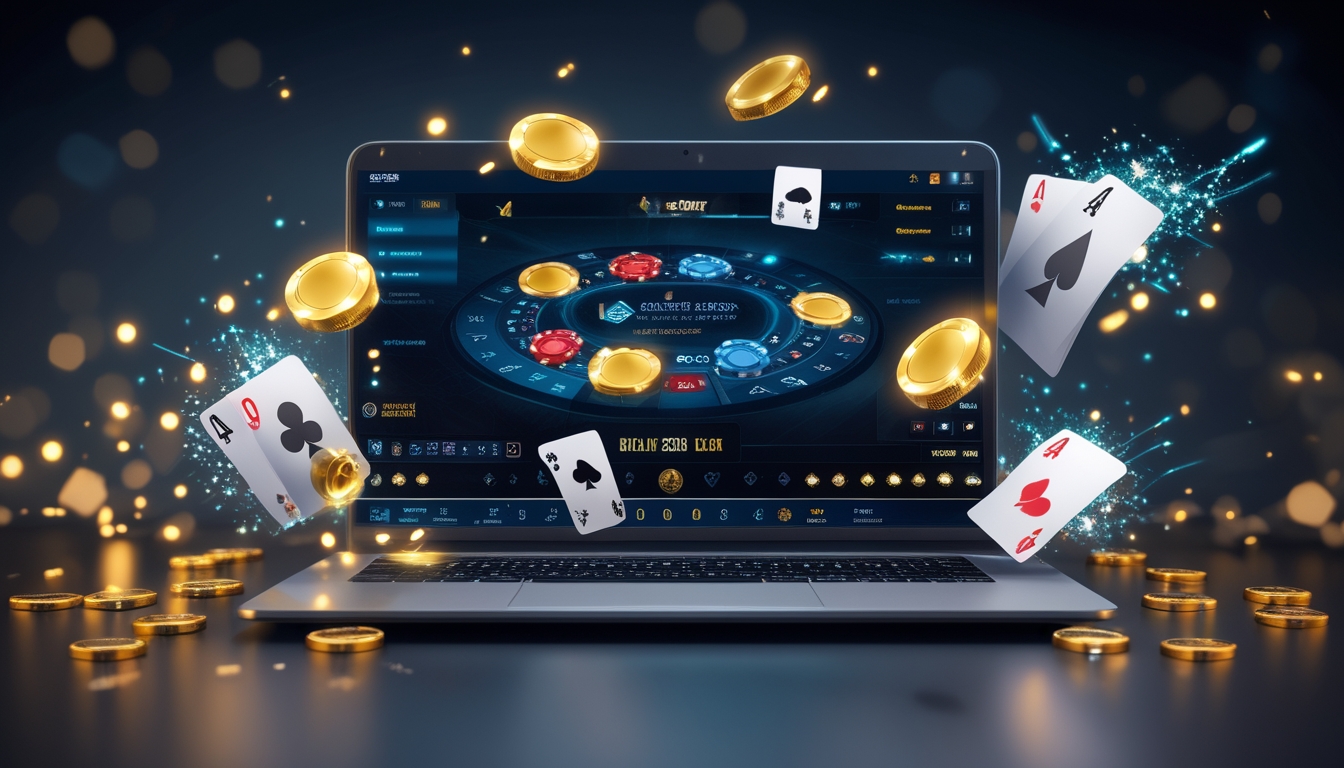Sebuah laptop menampilkan permainan poker online dengan tumpukan chip poker dan kartu di sekitarnya, dikelilingi oleh koin emas dan efek cahaya yang menunjukkan bonus.