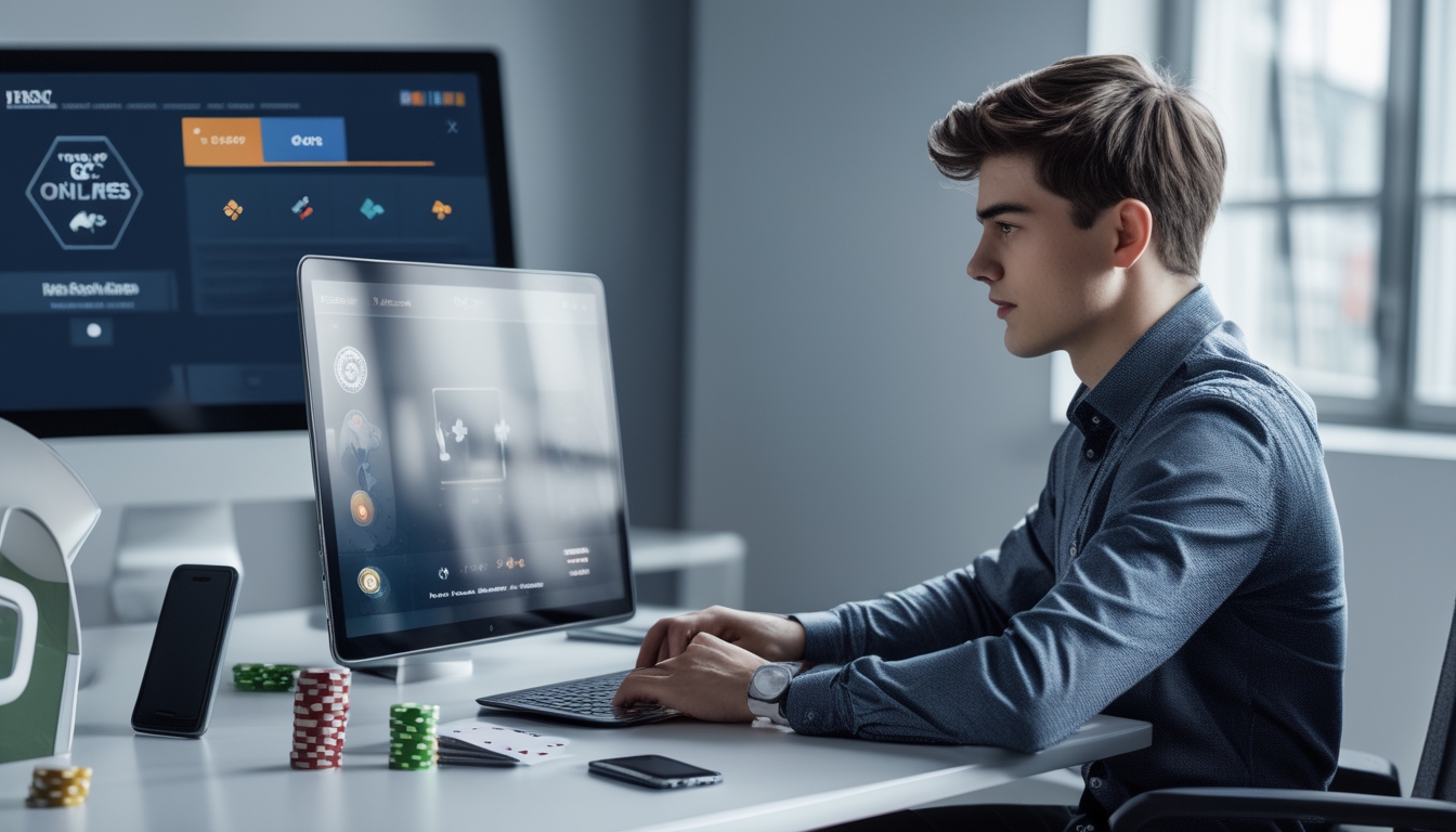 Seorang pria muda duduk di depan laptop dengan kartu poker dan chip di meja, fokus pada permainan poker online.