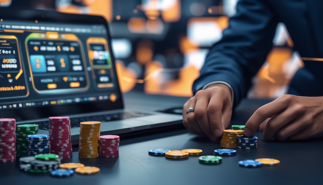Seseorang sedang bermain poker online di laptop dengan tumpukan chip poker di meja, menunjukkan suasana strategis dan fokus.