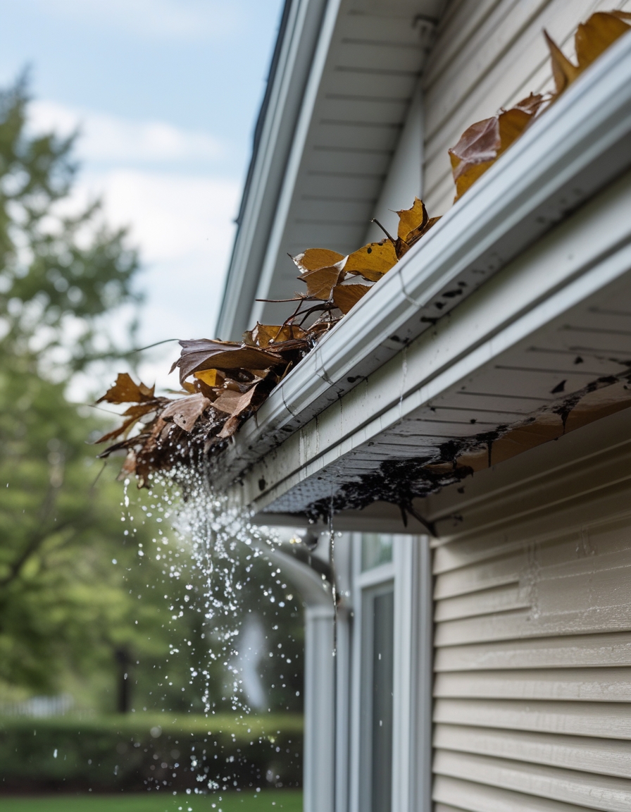 Close-up of a house gutter clogged with leaves causing water to overflow and drip down the side of the house.
