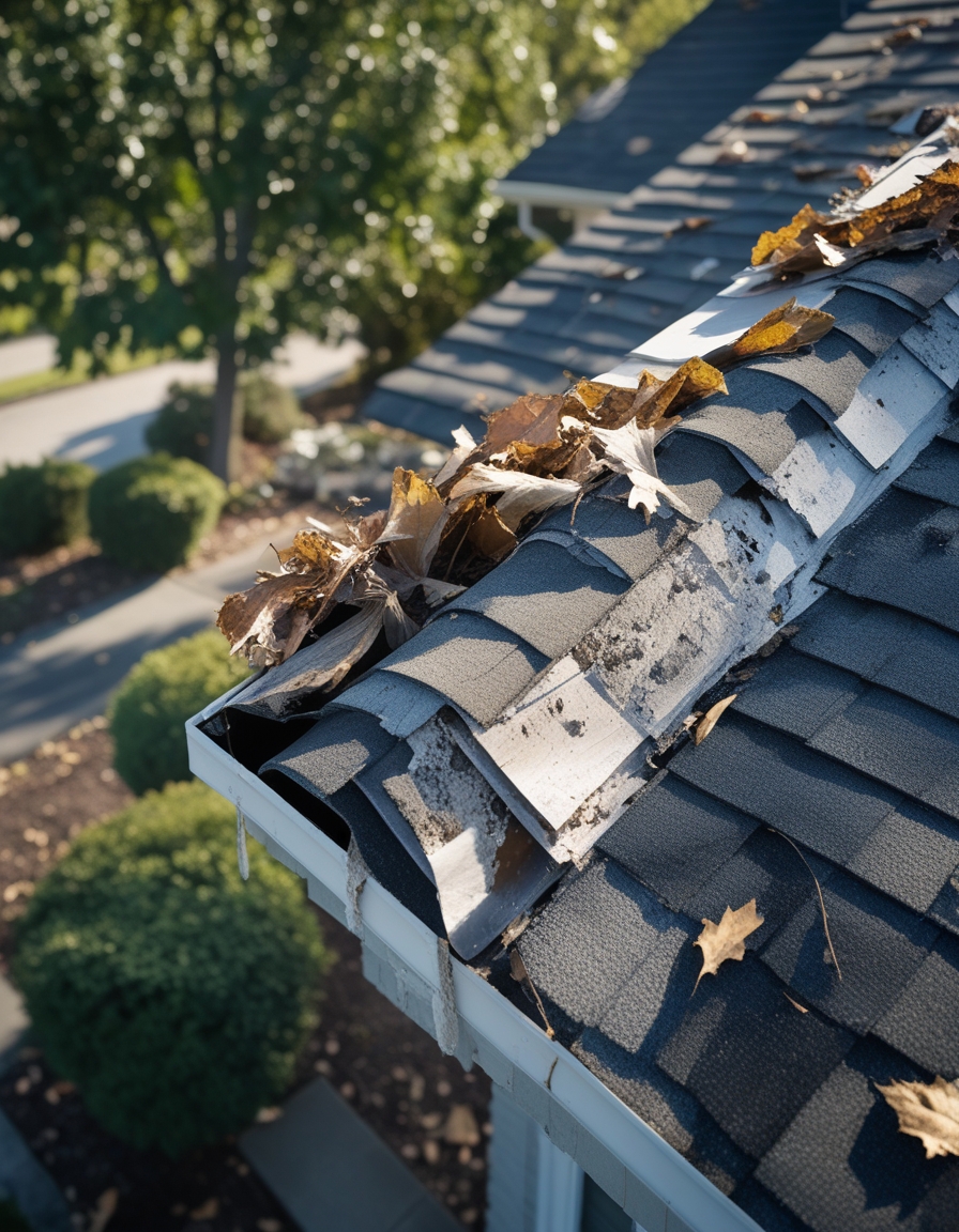 A suburban house showing a damaged roof with missing shingles, peeling exterior paint, clogged gutters, and an overgrown yard.