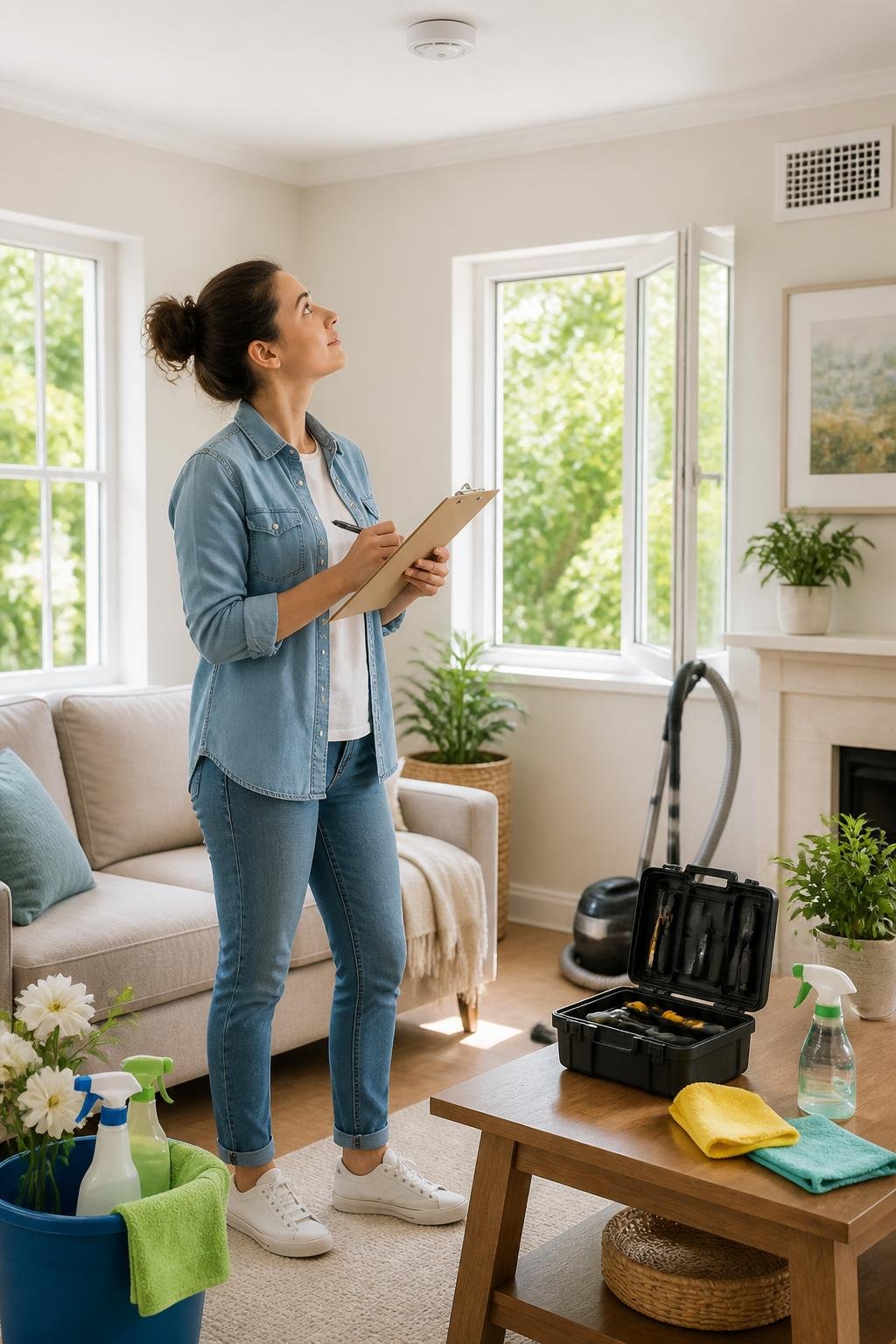 Person inspecting household items in a bright living room with cleaning supplies and open windows showing green trees outside.