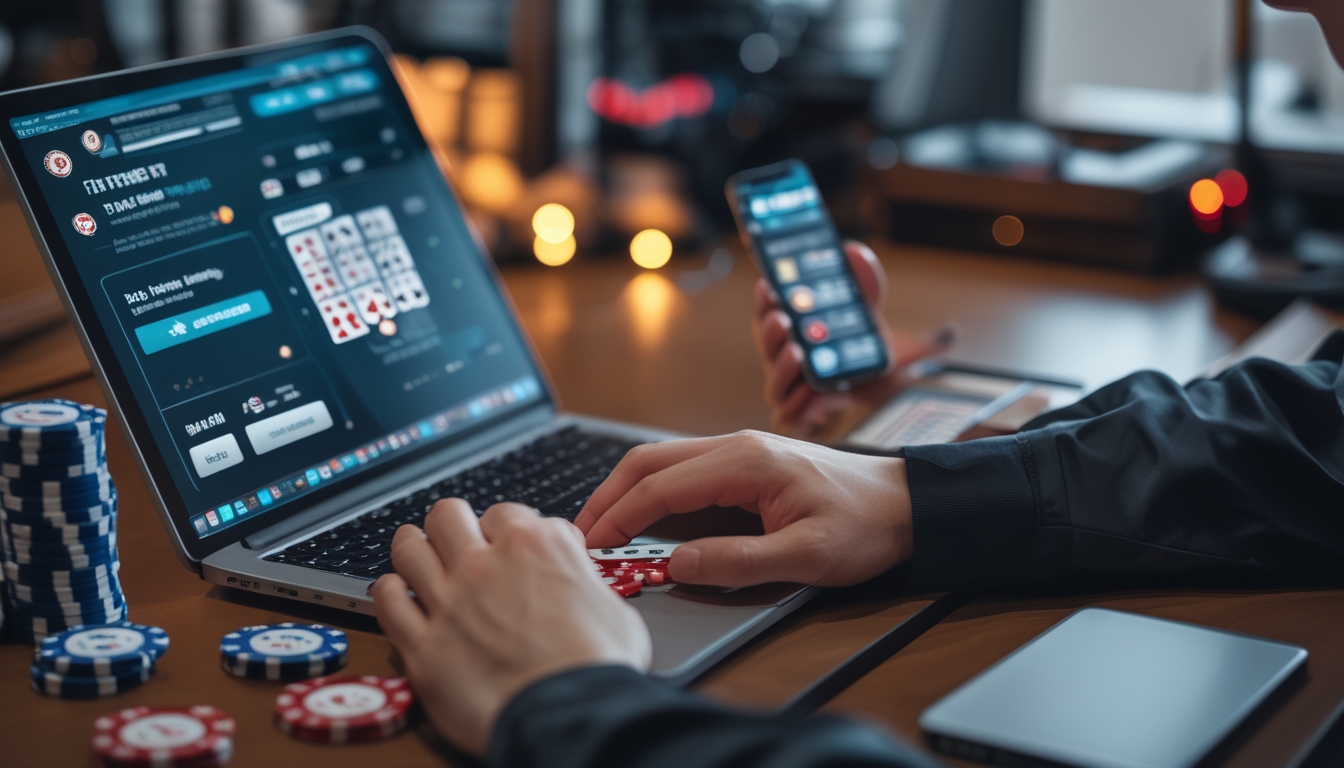 Seseorang bermain poker online di depan laptop dengan chip poker dan kartu di meja.