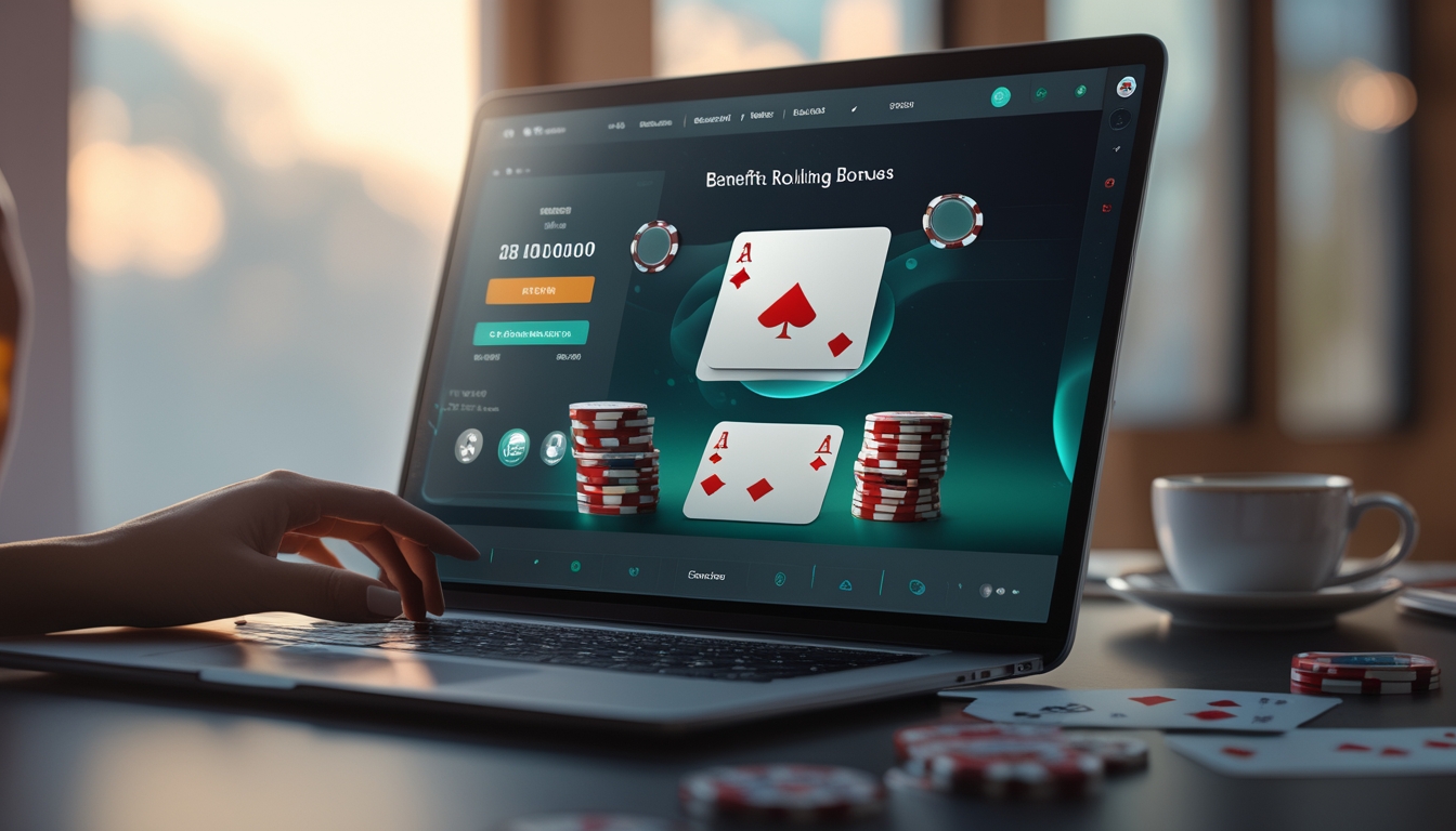 Seorang pemain poker online sedang bermain di depan layar komputer dengan kartu dan chip poker di meja.