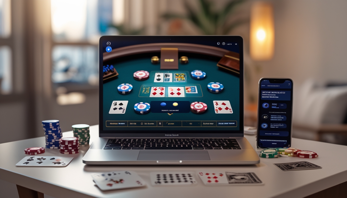 Meja dengan laptop yang menampilkan permainan poker online, dikelilingi oleh chip poker dan kartu remi, dengan smartphone di sampingnya.