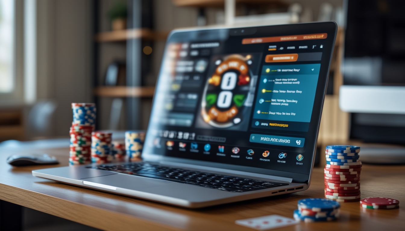 Seorang pemain duduk di depan laptop dengan tumpukan chip poker dan kartu di meja, menampilkan permainan poker online.