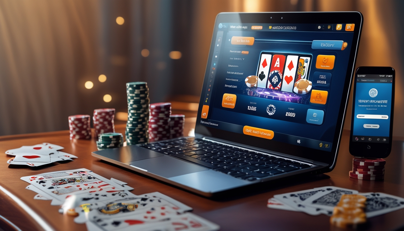 Sebuah laptop dengan permainan poker online di layar, dikelilingi oleh tumpukan chip poker dan kartu di atas meja kayu, dengan smartphone yang menampilkan layar transaksi aman.