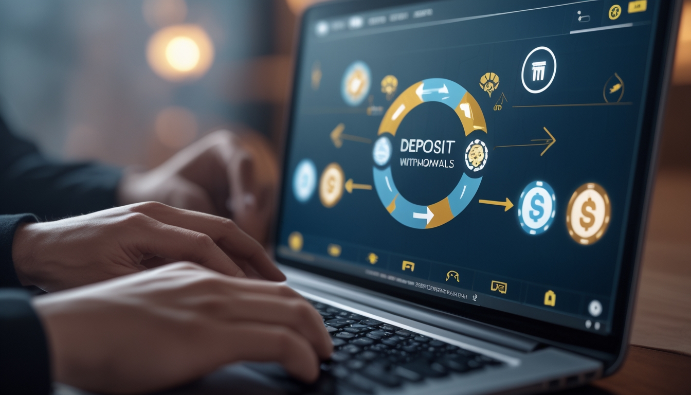 Tampilan dekat layar komputer dengan permainan poker online dan simbol transaksi deposit dan withdraw, tangan pengguna sedang berinteraksi dengan perangkat.