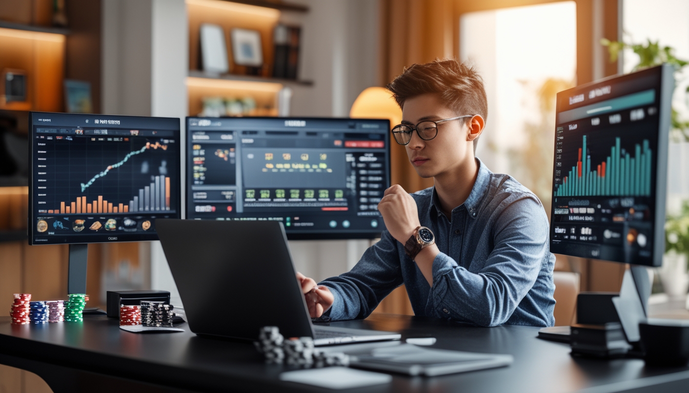 Seseorang duduk di meja modern dengan beberapa layar menampilkan permainan poker online dan grafik penghasilan, sedang menganalisis data dengan laptop dan ponsel di ruang kerja yang terang.