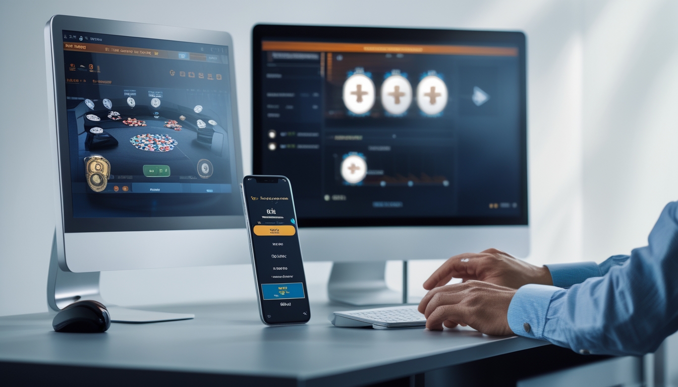 Meja kerja modern dengan komputer dan ponsel yang menampilkan permainan poker online dan notifikasi bonus, tangan seseorang sedang berinteraksi dengan perangkat tersebut.
