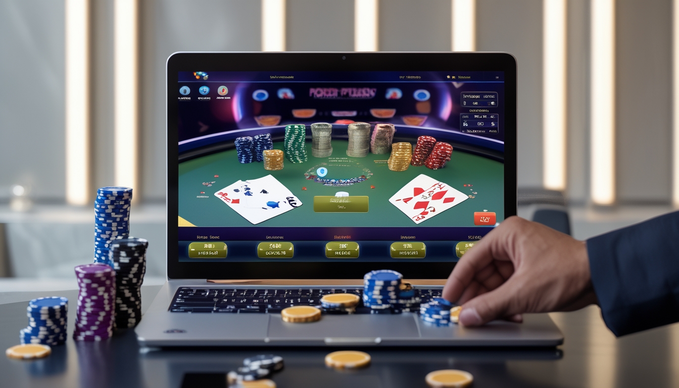 Tampilan meja poker online dengan kartu, chip, dan layar komputer yang menampilkan permainan poker.