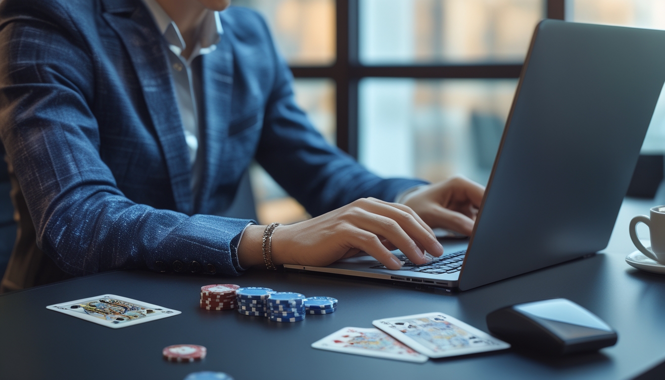 Seseorang sedang bermain poker online di laptop dengan tumpukan chip dan kartu poker di meja.