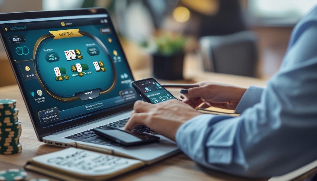 Seseorang bermain poker online di depan laptop dengan chip poker dan catatan di meja.