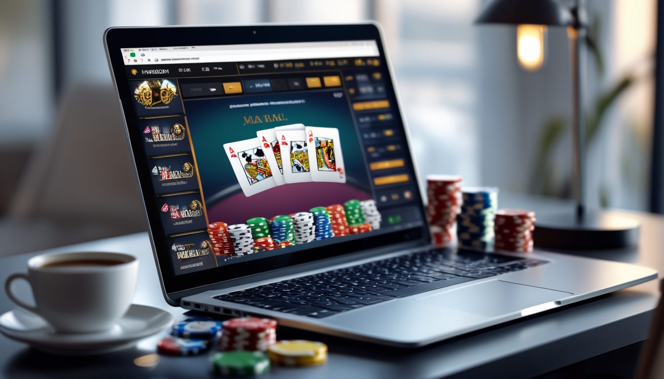Meja kerja dengan laptop yang menampilkan permainan poker online dan tumpukan chip poker di sampingnya.