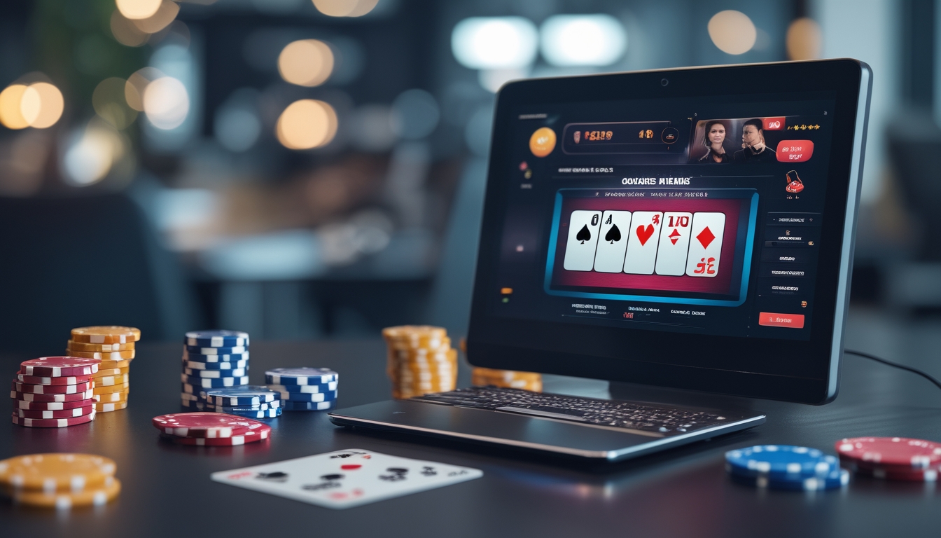 Sebuah meja dengan komputer menampilkan permainan poker online, dikelilingi oleh chip poker dan kartu remi.