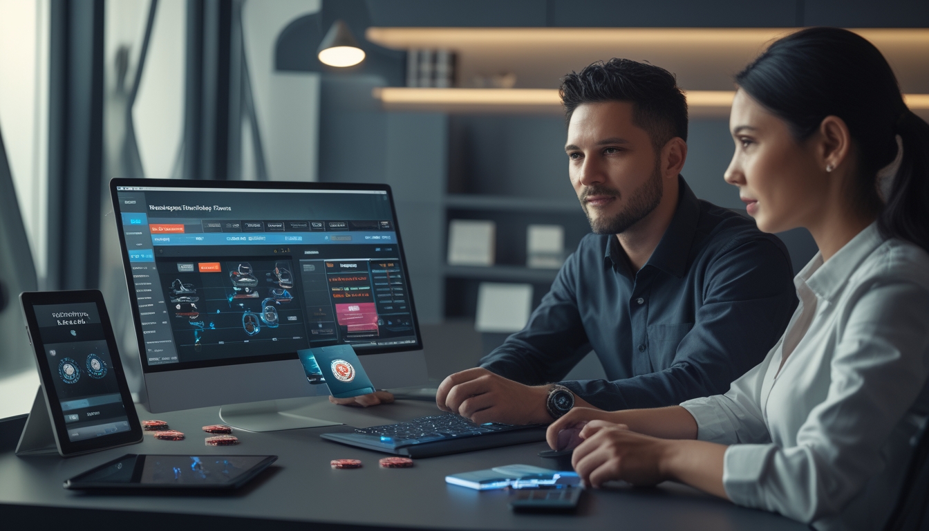 Dua orang dewasa duduk di meja dengan perangkat digital yang menampilkan permainan poker dan grafik, sedang berdiskusi strategi poker online.