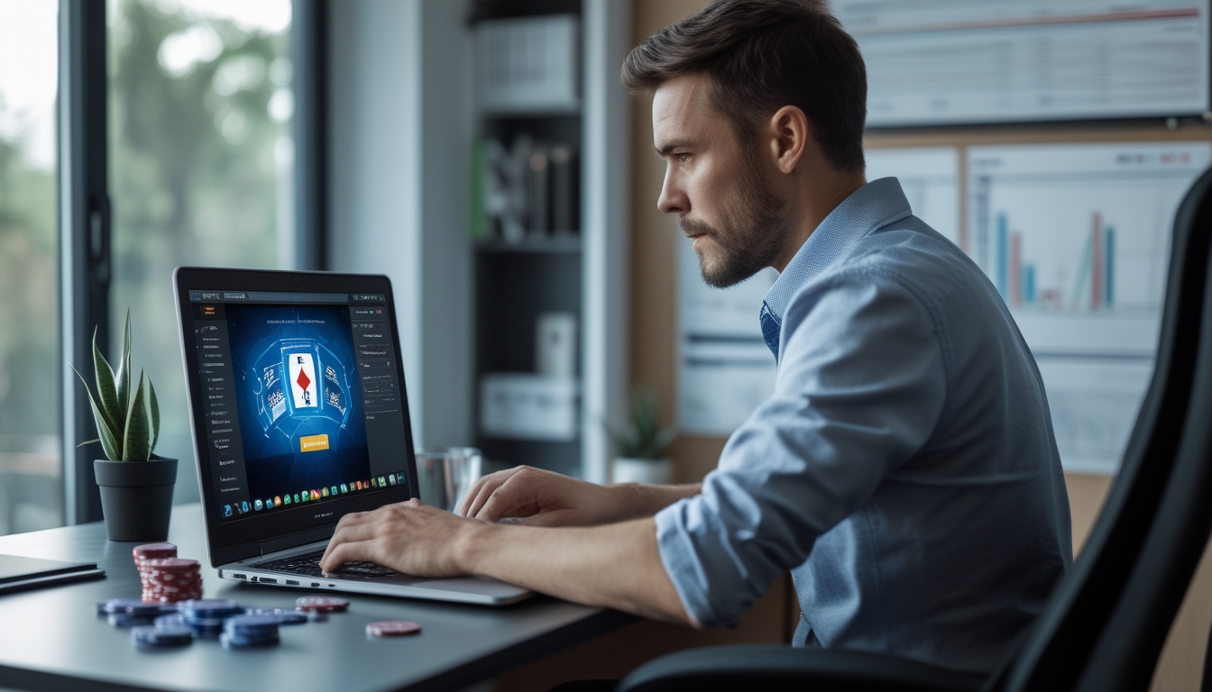 Seorang pria dewasa sedang duduk di meja kerja dengan laptop yang menampilkan permainan poker online, dikelilingi chip poker dan kartu remi.