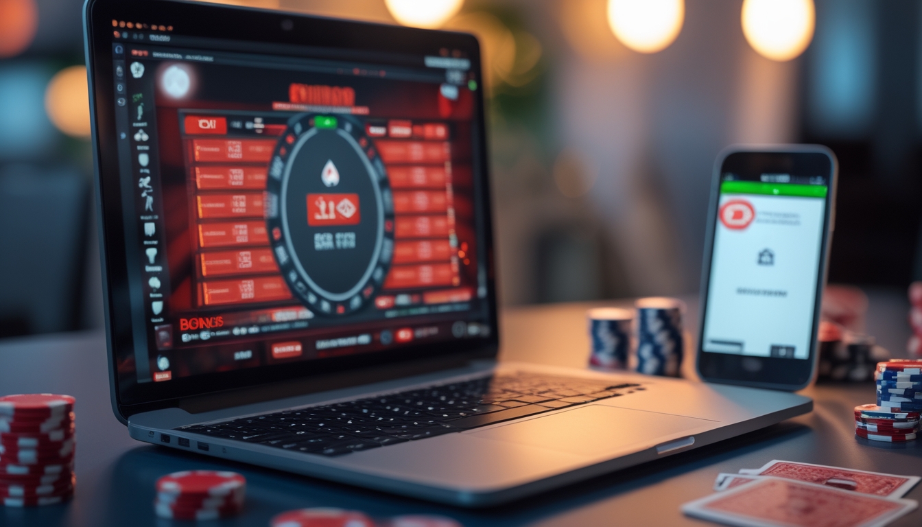 Suasana permainan poker online dengan laptop, chip poker, dan kartu bermain di meja.