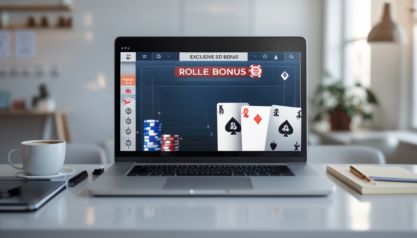 Seorang pemain poker online menggunakan laptop dengan tampilan kartu dan chip poker di layar dalam suasana ruang kerja yang rapi.