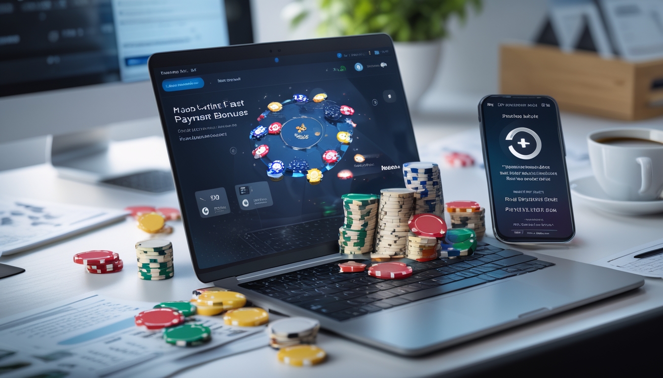 Meja kerja dengan laptop yang menampilkan permainan poker online, chip poker dan kartu bermain di sekitar, serta ponsel dengan notifikasi pembayaran cepat.