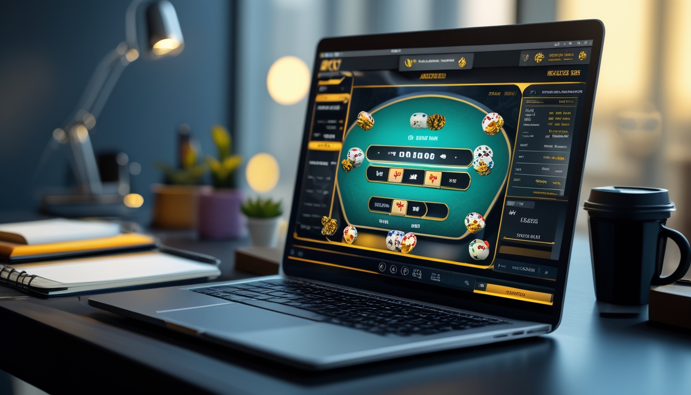 Sebuah layar komputer menampilkan permainan poker online dengan chip dan kartu, dikelilingi oleh meja kerja modern dengan ponsel dan kopi.
