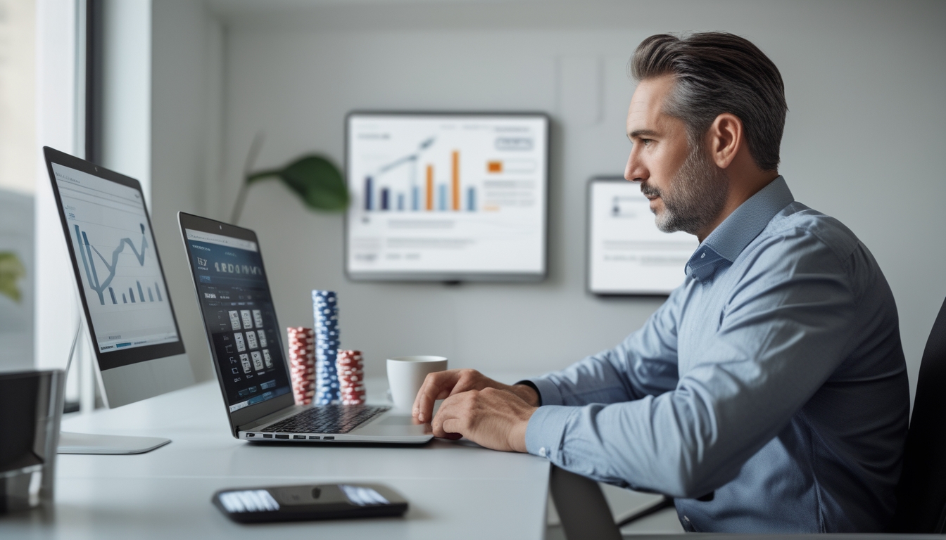 Seorang pria dewasa duduk di meja dengan laptop yang menampilkan permainan poker online, dikelilingi tumpukan chip poker dan grafik keuangan.