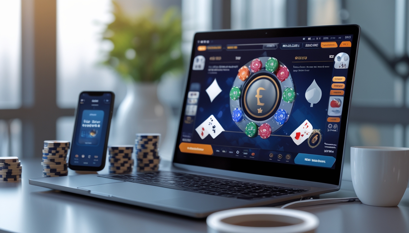 Sebuah laptop dan ponsel menampilkan permainan poker online dengan tumpukan chip poker di meja, suasana yang nyaman dan profesional.