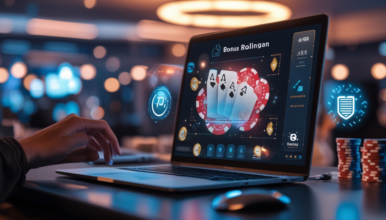 Seorang pemain poker online menggunakan laptop dengan tampilan permainan poker dan chip di layar, dikelilingi ikon jam 24 jam dan simbol keamanan.