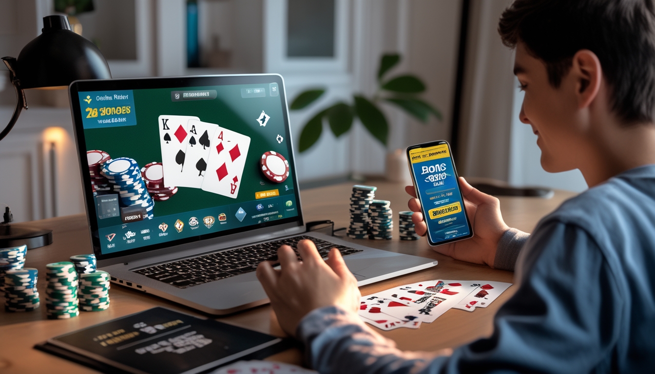 Seorang pemuda duduk di depan laptop dengan permainan poker online di layar, dikelilingi oleh chip poker dan kartu remi di meja.