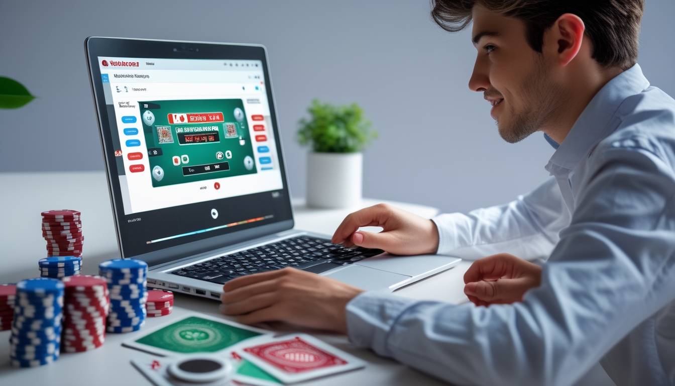 Seorang dewasa muda sedang bermain poker online di laptop dengan chip poker dan kartu di meja.